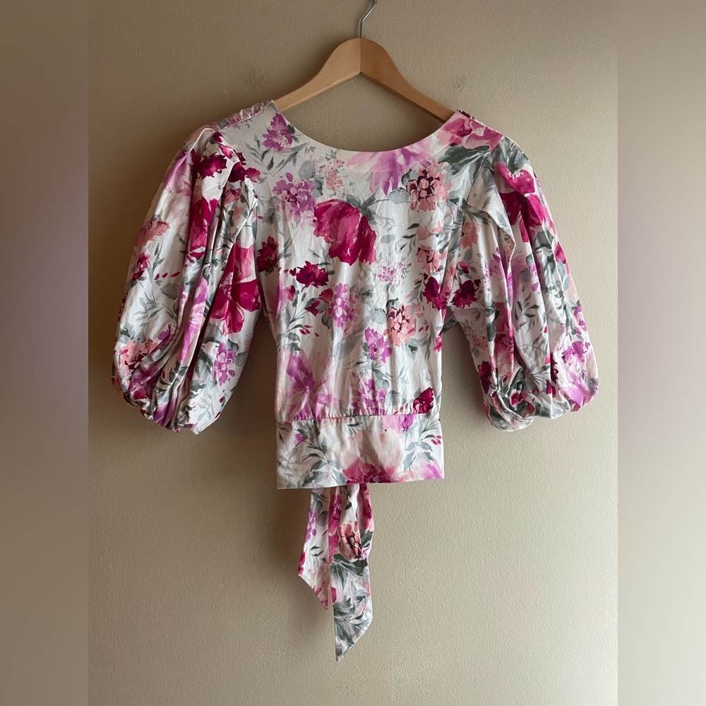 Express Puff Sleeve Floral Tie Back Top Size Small